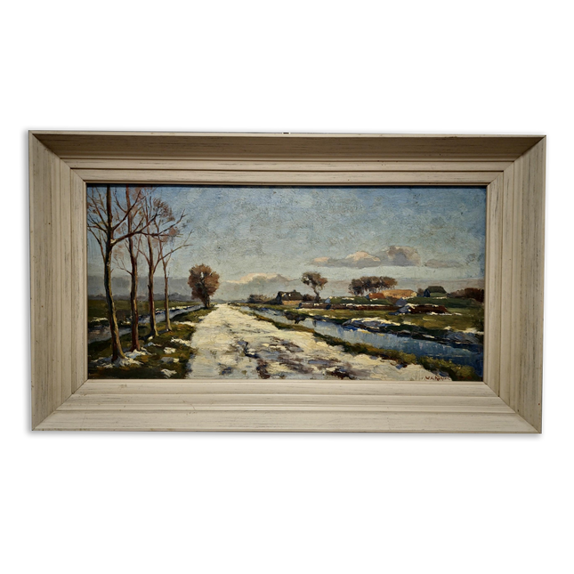 Antique Dark Moody Impressionist Landscape Oil Painting, Original Dutch Artwork, Framed Rustic Farm Wall Art, Vintage Winter Home Décor