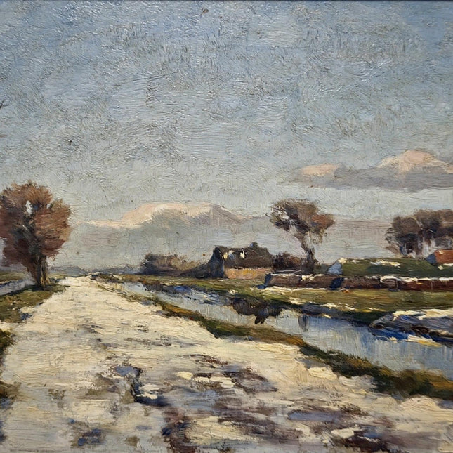 Antique Dark Moody Impressionist Landscape Oil Painting, Original Dutch Artwork, Framed Rustic Farm Wall Art, Vintage Winter Home Décor