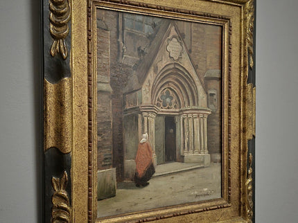 Antique Dutch Gothic Church Oil Painting, Signed Framed Artwork