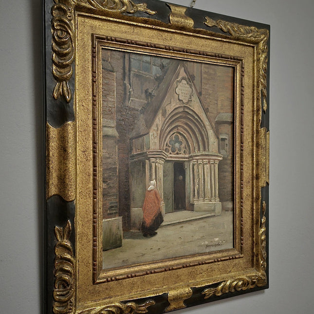 Antique Dutch Gothic Church Oil Painting, Signed Framed Artwork