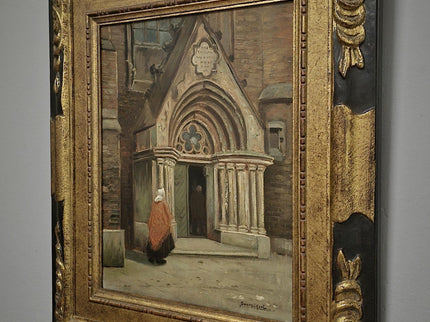 Antique Dutch Gothic Church Oil Painting, Signed Framed Artwork