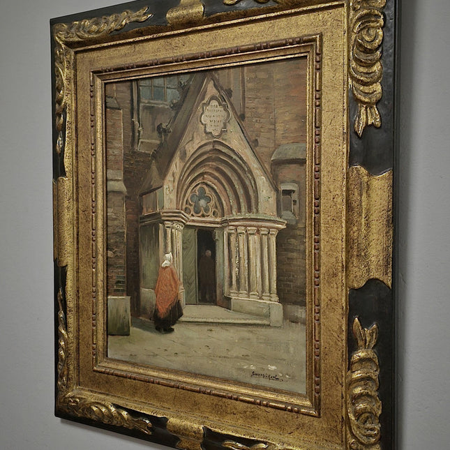 Antique Dutch Gothic Church Oil Painting, Signed Framed Artwork