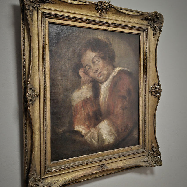 Antique Oil Painting Portrait, Vintage Signed Original Artwork, Moody Wall Decor, Framed European Academic Fine Art, Collectible Masterpiece