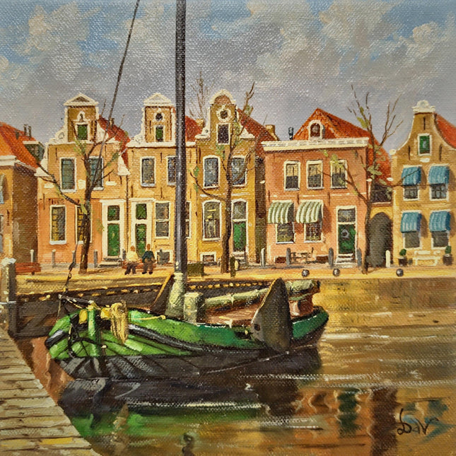 Vintage Dutch Harbor Oil Paintings Set, Signed Maritime Artwork, Framed Cityscape Decor