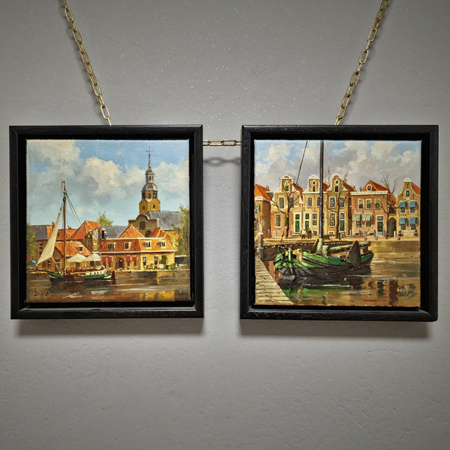 Vintage Dutch Harbor Oil Paintings Set, Signed Maritime Artwork, Framed Cityscape Decor