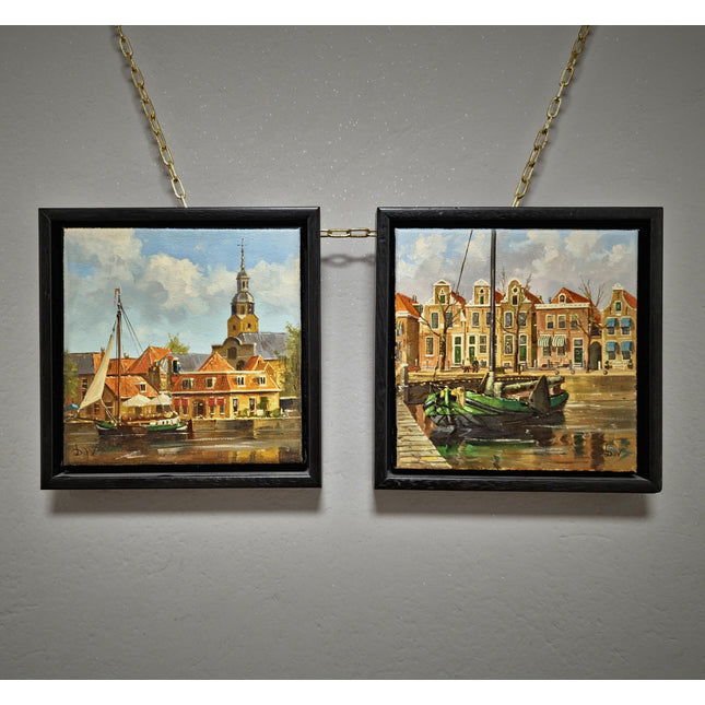 Vintage Dutch Harbor Oil Paintings Set, Signed Maritime Artwork, Framed Cityscape Decor