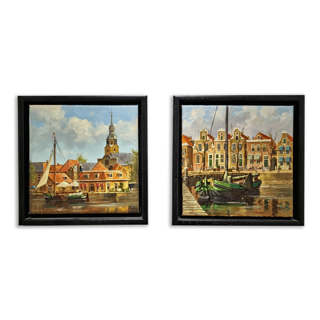 Vintage Dutch Harbor Oil Paintings Set, Signed Maritime Artwork, Framed Cityscape Decor