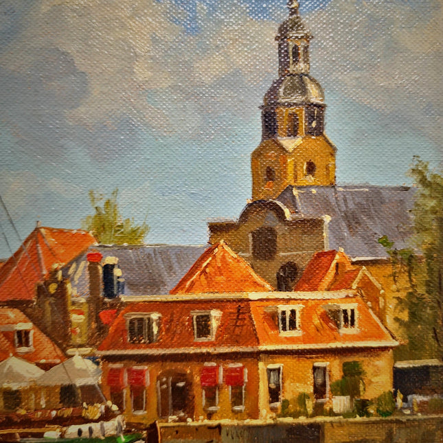 Vintage Dutch Harbor Oil Paintings Set, Signed Maritime Artwork, Framed Cityscape Decor