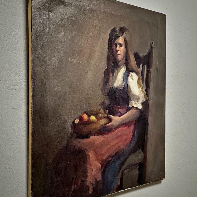 Vintage Swiss Girl Oil Painting, Signed European Portrait, Alpine Folk Art