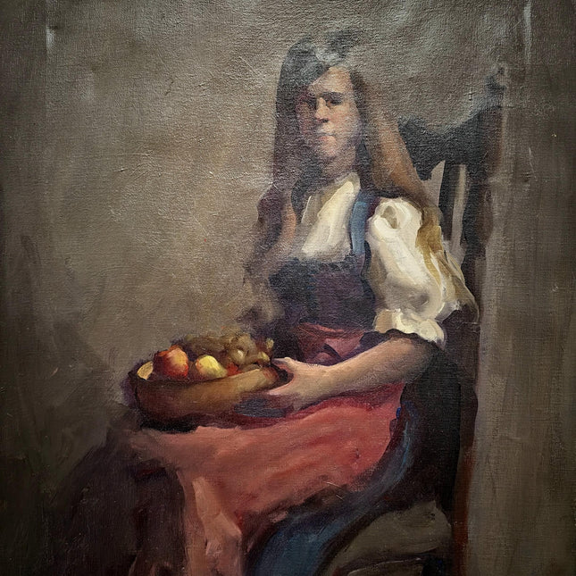 Vintage Swiss Girl Oil Painting, Signed European Portrait, Alpine Folk Art