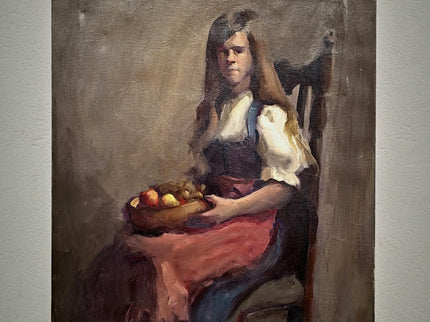 Vintage Swiss Girl Oil Painting, Signed European Portrait, Alpine Folk Art