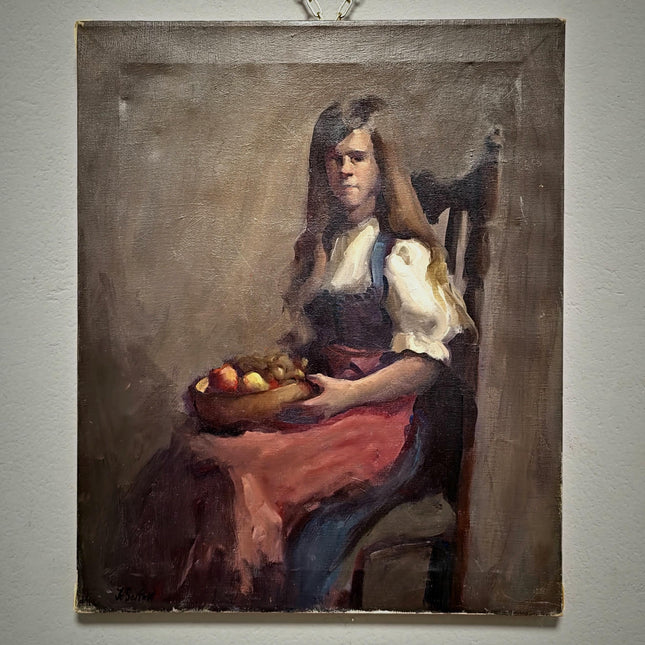 Vintage Swiss Girl Oil Painting, Signed European Portrait, Alpine Folk Art