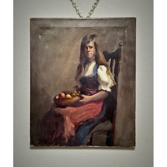 Vintage Swiss Girl Oil Painting, Signed European Portrait, Alpine Folk Art