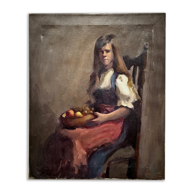 Vintage Swiss Girl Oil Painting, Signed European Portrait, Alpine Folk Art