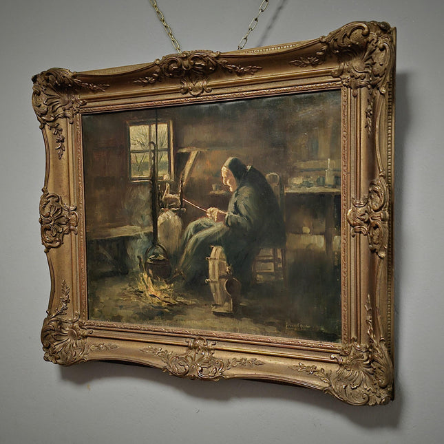 Vintage Oil Painting, Signed Dutch Farm Interior Scene, Collectible Wall Art, Framed Realism, Antique Country Decor, Spinning Wheel Portrait