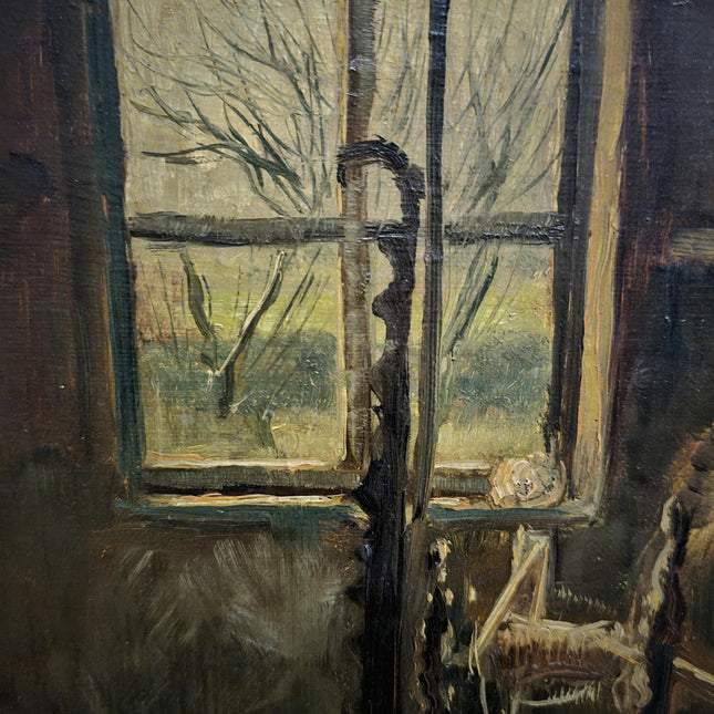 Vintage Oil Painting, Signed Dutch Farm Interior Scene, Collectible Wall Art, Framed Realism, Antique Country Decor, Spinning Wheel Portrait