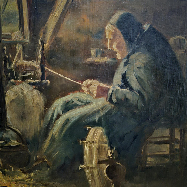 Vintage Oil Painting, Signed Dutch Farm Interior Scene, Collectible Wall Art, Framed Realism, Antique Country Decor, Spinning Wheel Portrait