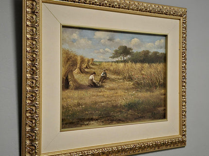 Vintage Oil Painting, Belgian Harvest Scene, Framed Rural Landscape
