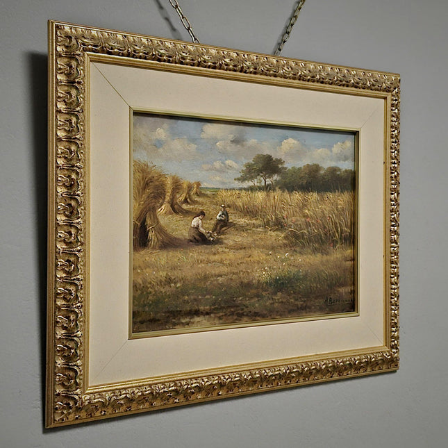 Vintage Oil Painting, Belgian Harvest Scene, Framed Rural Landscape