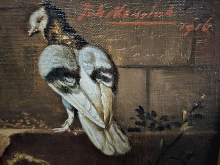 Antique Dutch Farmyard Oil Painting, Signed Poultry Scene, Framed Vintage Art