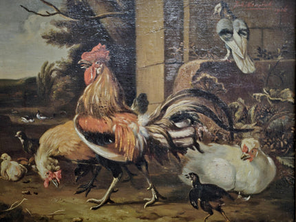 Antique Dutch Farmyard Oil Painting, Signed Poultry Scene, Framed Vintage Art