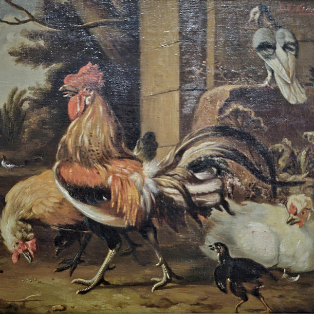 Antique Dutch Farmyard Oil Painting, Signed Poultry Scene, Framed Vintage Art