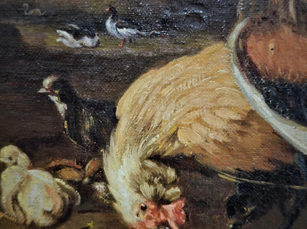 Antique Dutch Farmyard Oil Painting, Signed Poultry Scene, Framed Vintage Art