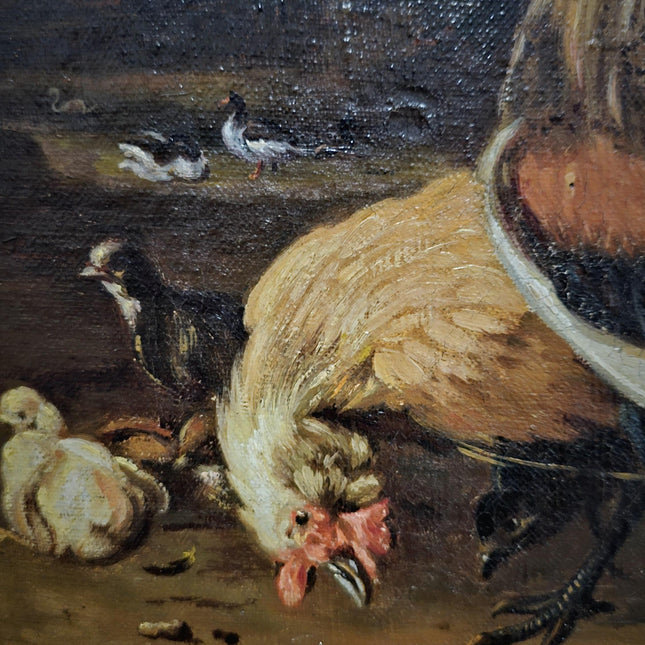 Antique Dutch Farmyard Oil Painting, Signed Poultry Scene, Framed Vintage Art