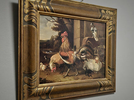 Antique Dutch Farmyard Oil Painting, Signed Poultry Scene, Framed Vintage Art