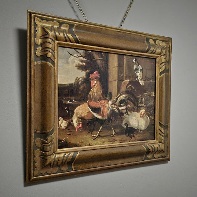 Antique Dutch Farmyard Oil Painting, Signed Poultry Scene, Framed Vintage Art