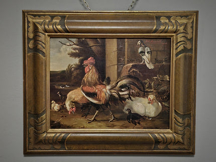 Antique Dutch Farmyard Oil Painting, Signed Poultry Scene, Framed Vintage Art