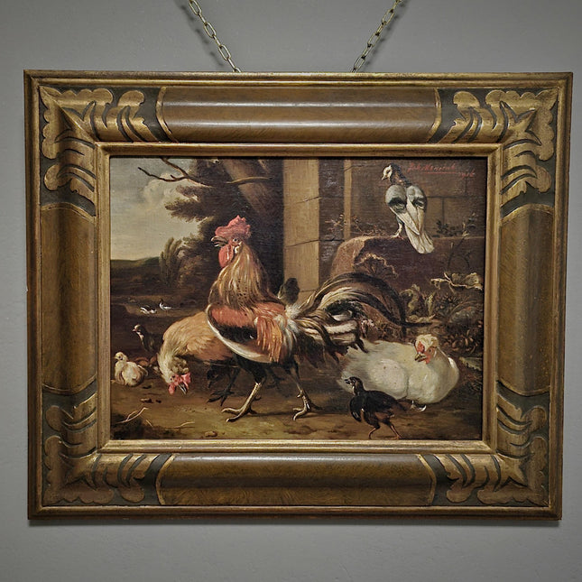 Antique Dutch Farmyard Oil Painting, Signed Poultry Scene, Framed Vintage Art