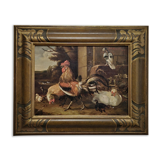 Antique Dutch Farmyard Oil Painting, Signed Poultry Scene, Framed Vintage Art