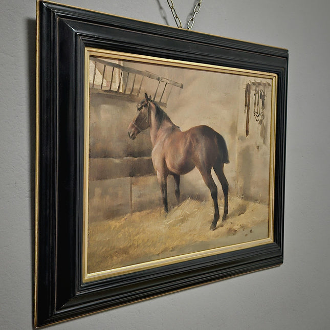 Antique Horse Oil Painting, Rustic Stable Scene, Equine Animal Artwork, Vintage Farm Decor, Framed Wall Art, Collectible English Masterpiece