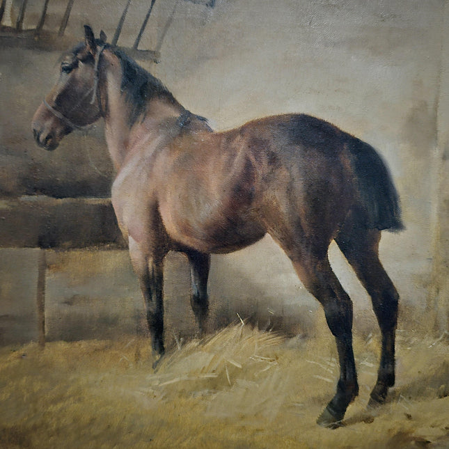Antique Horse Oil Painting, Rustic Stable Scene, Equine Animal Artwork, Vintage Farm Decor, Framed Wall Art, Collectible English Masterpiece