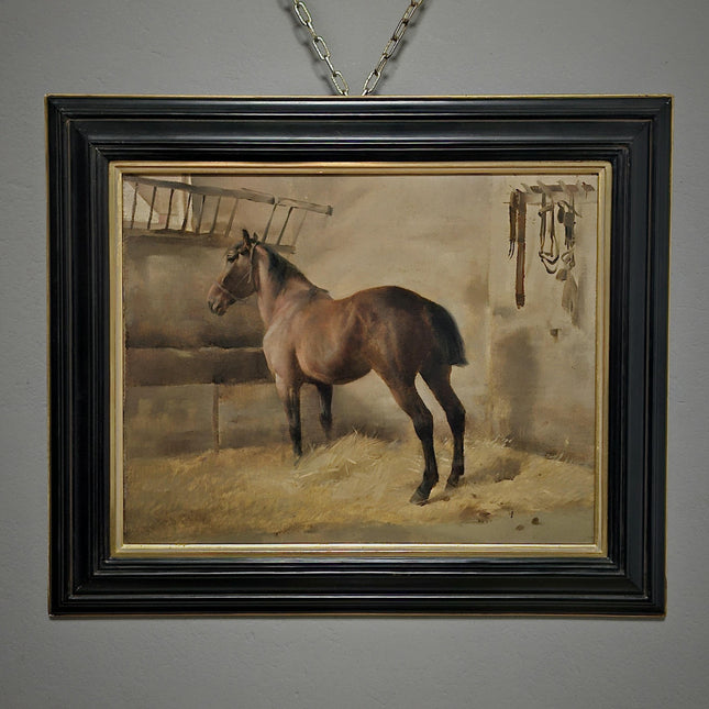 Antique Horse Oil Painting, Rustic Stable Scene, Equine Animal Artwork, Vintage Farm Decor, Framed Wall Art, Collectible English Masterpiece