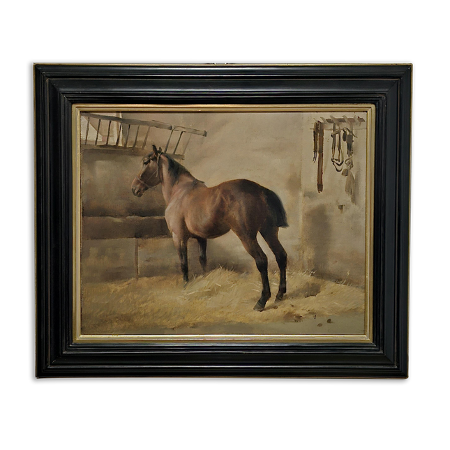 Antique Horse Oil Painting, Rustic Stable Scene, Equine Animal Artwork, Vintage Farm Decor, Framed Wall Art, Collectible English Masterpiece