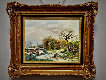 Vintage Dutch Winter Landscape Oil Painting, Gold Frame, Signed Artwork