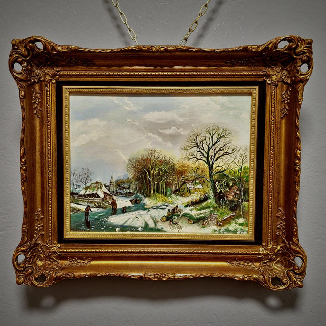 Vintage Dutch Winter Landscape Oil Painting, Gold Frame, Signed Artwork