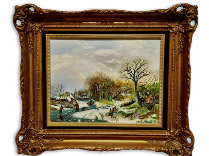 Vintage Dutch Winter Landscape Oil Painting, Gold Frame, Signed Artwork
