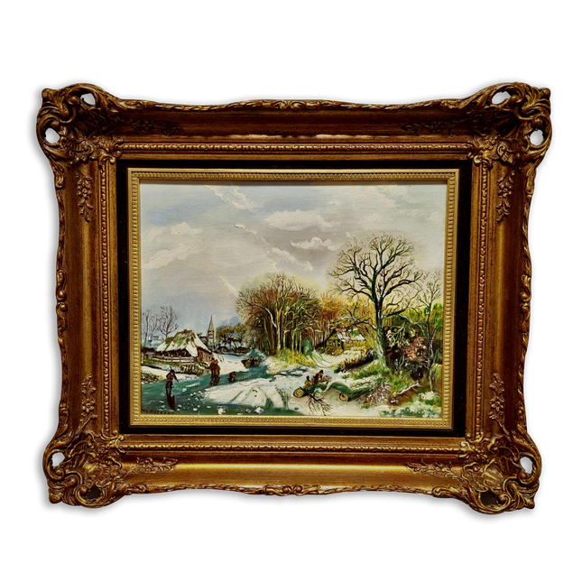 Vintage Dutch Winter Landscape Oil Painting, Gold Frame, Signed Artwork