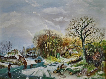 Vintage Dutch Winter Landscape Oil Painting, Gold Frame, Signed Artwork