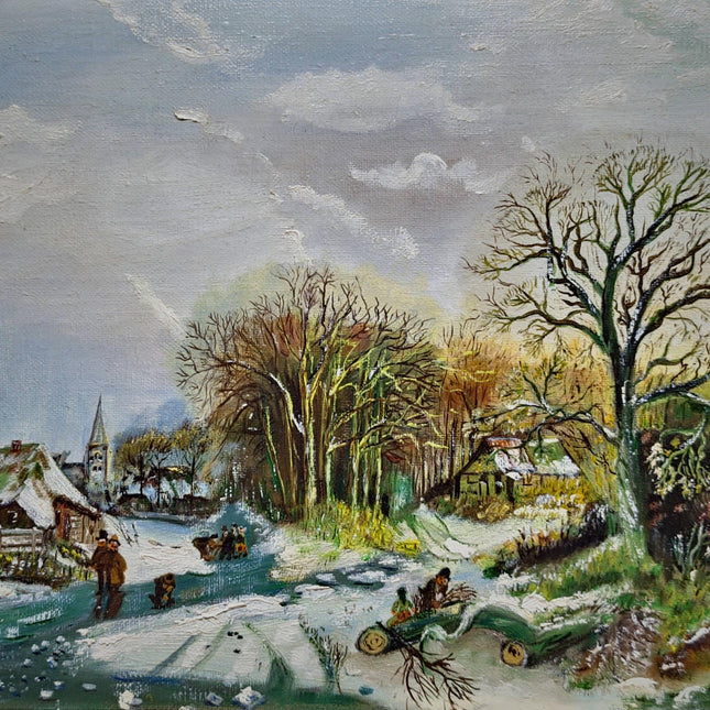 Vintage Dutch Winter Landscape Oil Painting, Gold Frame, Signed Artwork