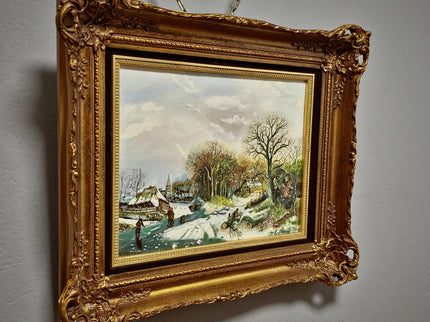 Vintage Dutch Winter Landscape Oil Painting, Gold Frame, Signed Artwork