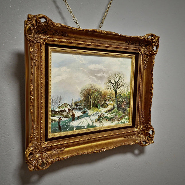 Vintage Dutch Winter Landscape Oil Painting, Gold Frame, Signed Artwork