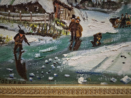 Vintage Dutch Winter Landscape Oil Painting, Gold Frame, Signed Artwork