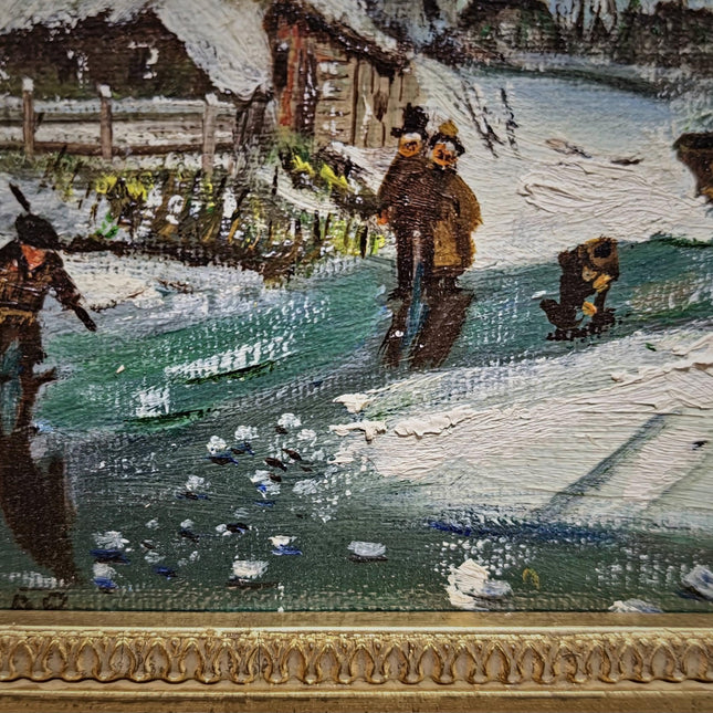 Vintage Dutch Winter Landscape Oil Painting, Gold Frame, Signed Artwork