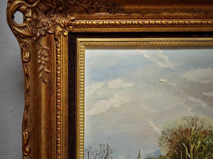 Vintage Dutch Winter Landscape Oil Painting, Gold Frame, Signed Artwork