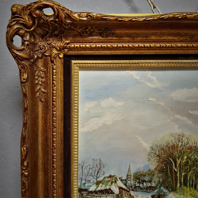 Vintage Dutch Winter Landscape Oil Painting, Gold Frame, Signed Artwork