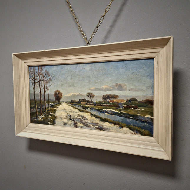 Antique Dark Moody Impressionist Landscape Oil Painting, Original Dutch Artwork, Framed Rustic Farm Wall Art, Vintage Winter Home Décor